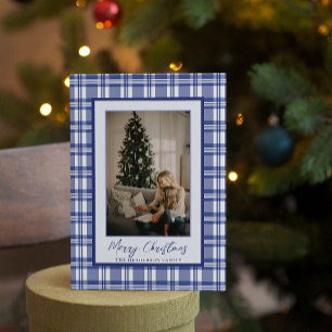 Lief Navyblauw Geruit   Kerst Familie Foto Feestdagenkaart