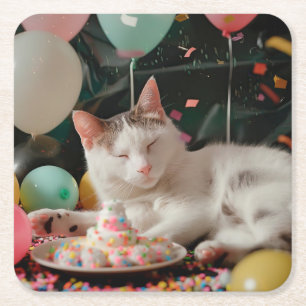 Lief Ontwerp voor de Verjaardag van een Kat Vierkante Kartonnen Onderzetter