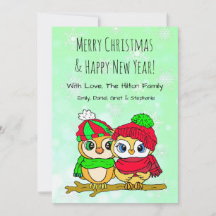 Lief paar uilen op boomtak Kerstmis Feestdagenkaart