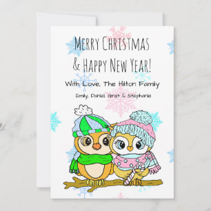 Lief paar uilen op boomtak Kerstmis Feestdagenkaart
