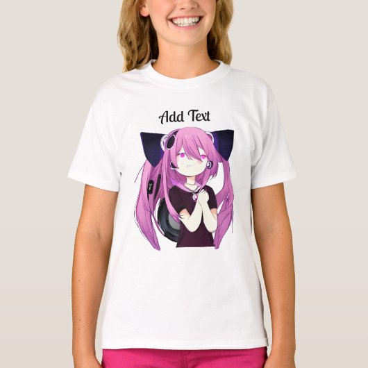 Lief Paarse en zwarte anime meisje met kattenoren T-shirt (Voorkant)