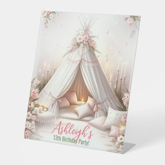 Lief pyjamafeest meisje sleepover verjaardag reclamebord met voetstuk (Voorkant)