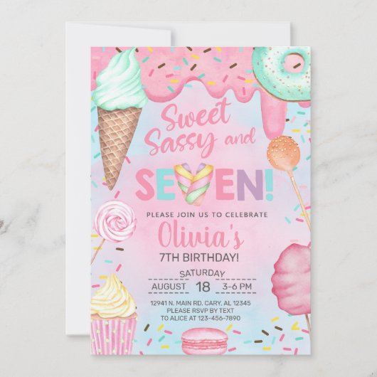 Lief sassy en zeven meisje verjaardag uitnodiging. kaart (Voorkant)