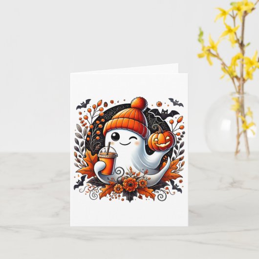 Lief spook dat koffie drinkt Halloween thema griez Kaart (Gele Bloem)