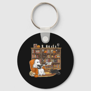 Lief spookje leest boeken met zwarte kat Halloween Sleutelhanger