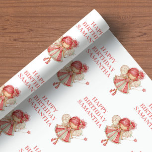 Lief sprookjesmeisje bloost bloemen verjaardagsver cadeaupapier