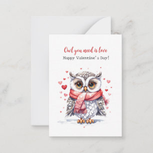 Lief Valentijnskaart met uil voor kinderen Notitiekaartje