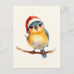 Lief vogeltje in kerstmuts waterverf Kerstmis Feestdagenkaart