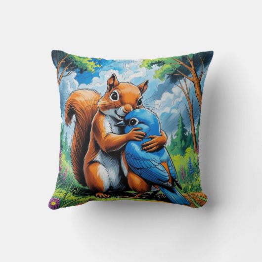 Lief vriendchap tussen eekhoorn en blauwe lijster kussen (Achterkant)