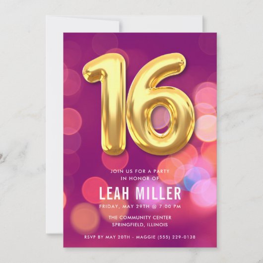 Lief Zestien Roze Bokeh Party Uitnodiging (Voorkant)