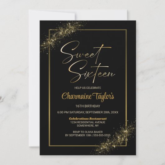 Lief Zestien Zwart Goud Verjaardagsfeest Kaart (Voorkant)