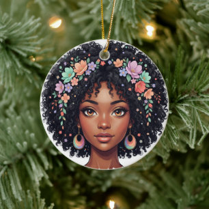 Lief Zwart Meisje Met Bloemen Kroon Afro Keramisch Ornament