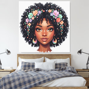 Lief zwart meisje met bloemenkrans Afro Canvas Afdruk