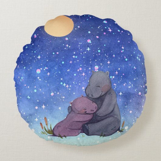 Liefde, Baby Hippo en haar moeder Rond Kussen (Voorkant)