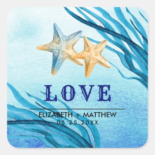 Liefde. Beach Starfish Custom Weddenschap Vierkante Sticker (Voorkant)