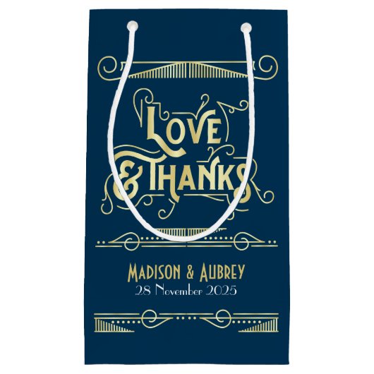 Liefde & Bedankt Art Deco Bruiloft Goud Blauw Favo Klein Cadeauzakje (Voorkant)