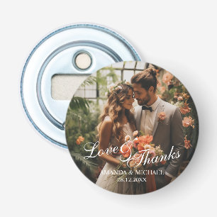 'Liefde & Bedankt' Custom Photo Wedding Favoriet Button Flesopener