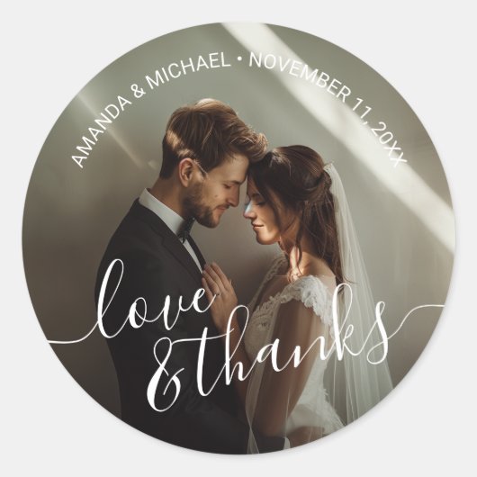 'Liefde & Bedankt' Custom Photo Wedding Favoriet Ronde Sticker (Voorkant)