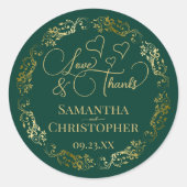 Liefde & Bedankt Elegante Emerald Green & Gold Wed Ronde Sticker (Voorkant)
