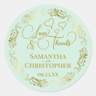Liefde & Bedankt Elegante Mint Green & Gold Weddin Ronde Sticker