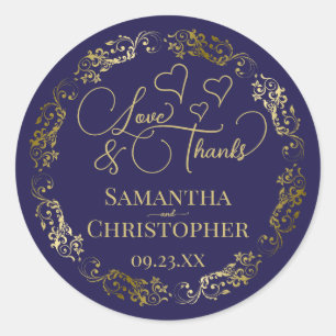 Liefde & Bedankt Elegante Navy Blue & Gold Wedding Ronde Sticker