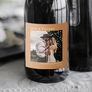 Liefde & Bedankt Minimale Golden Tan-fotoweddensch Sparkling Wijnetiket