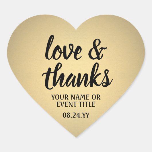 Liefde & Bedankt Zwart & Goud Faux Folie Eenvoudig Hart Sticker (Voorkant)