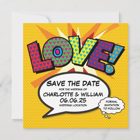 LIEFDE Bewaar de datum Leuk Retro Strip Pop Art Save The Date (Voorkant)