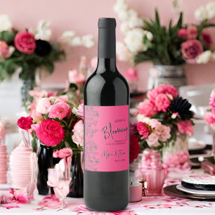 Liefde bloeit helder roze & zwart bloemendouche wijn etiket