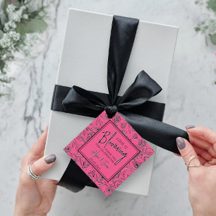 Liefde bloeit roze & zwarte bloemige bruidsdouche bedankjes labels