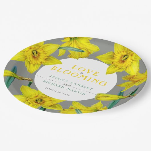 Liefde bloeit waterverf gele lenteverbruiloft papieren bordje (Gekanteld)