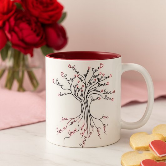 Liefde boom van het leven White Dark Red Hearts Cu Tweekleurige Koffiemok