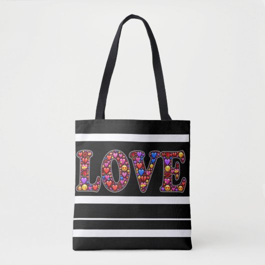 Liefde canvas tas met zwarte en witte strips. (Voorkant)