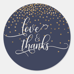 Liefde & Dank, Gouden Confetti met Middernachtblau Ronde Sticker