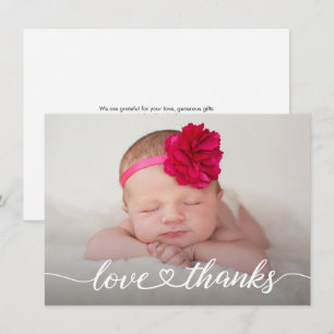 Liefde & Dank Hart script Pasgeboren Foto Baby Mei Bedankkaart