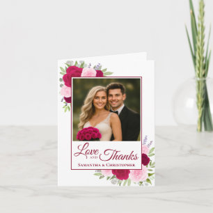Liefde & Dank Magenta Roze Rozen Huwelijksfoto  Bedankkaart