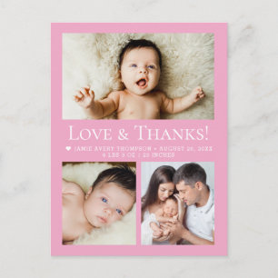Liefde & Dank Roze Baby Fotocollage geboorte Briefkaart