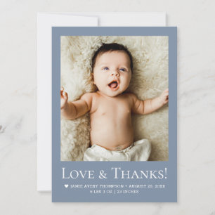 Liefde & Dank Stofblauwe Baby Foto Bedankkaart