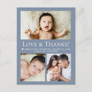 Liefde & Dank Stofblauwe Baby Fotocollage geboorte Briefkaart