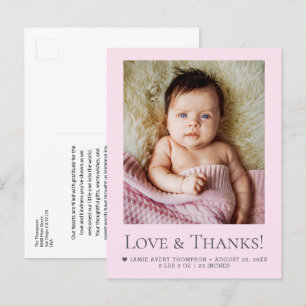 Liefde & Dankbaarheid Roze Baby Foto aankondiging Briefkaart