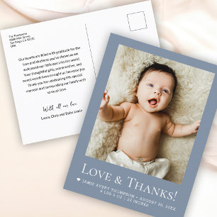 Liefde & Dankbaarheid Stofblauwe Baby Foto aankond Briefkaart