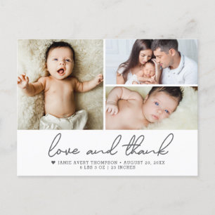 Liefde en Bedankt Baby 3 Foto's geboorteaankondigi Briefkaart