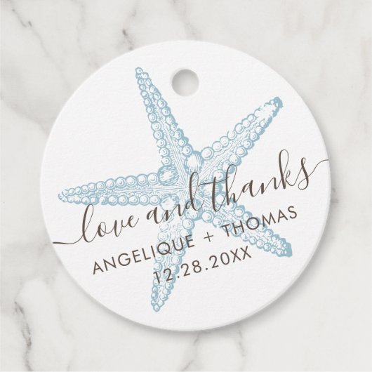 Liefde en Bedankt Blauwe Starfish Beach Wedding Bedankjes Labels (Voorkant)
