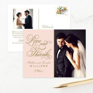 Liefde en Bedankt Blush Gold Foto Bruiloft Dank u Briefkaart