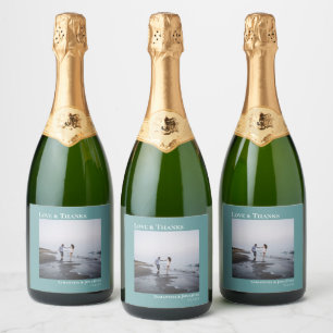 Liefde en Bedankt Eenvoudig minimalistisch Blauwgr Sparkling Wijnetiket