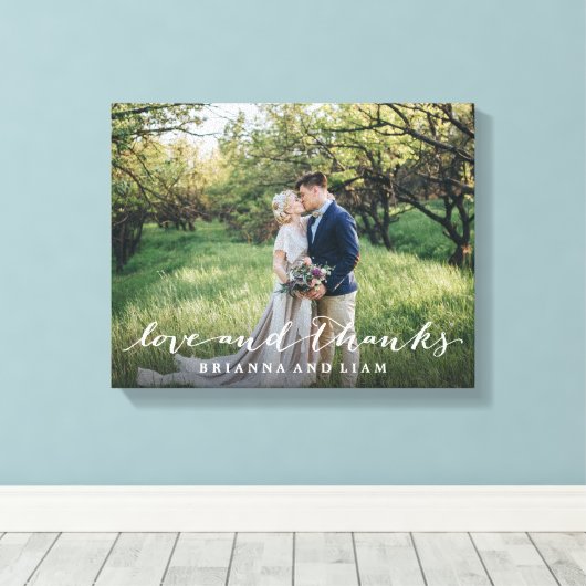 Liefde en Bedankt Eenvoudig script, volledige foto Canvas Afdruk (Insitu (Houten vloer))
