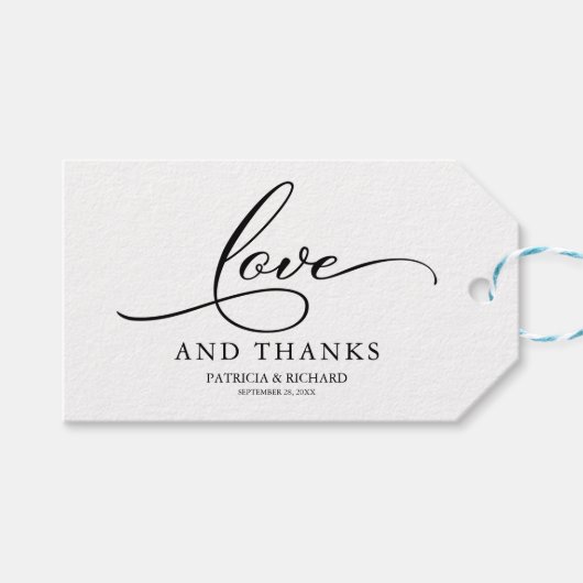 Liefde en Bedankt Elegant Script Wedding Favor Lab Cadeaulabel (Voorkant (Horizontaal))