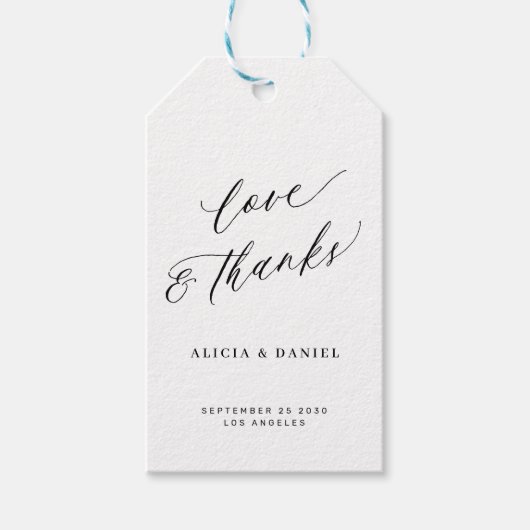 Liefde en bedankt elegante calligrafie bruiloft cadeaulabel (Voorkant)