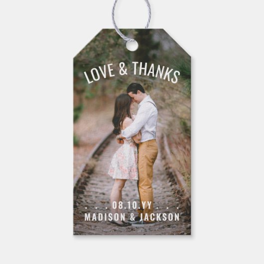 Liefde en Bedankt Modern 2 Fotobruiloft Dank je Cadeaulabel (Voorkant)