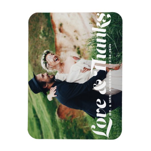 Liefde en Bedankt Retro Script Fotobruiloft Magneet (Verticaal)